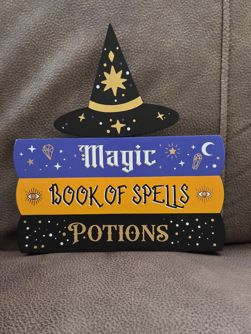 Decorative Wooden 'Magic Book of Spells' Stack with Witch Hat